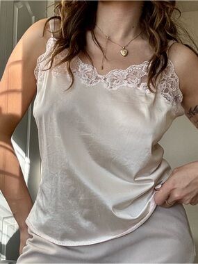 Silky Lace Trim Cami Tank in Soft Blush
